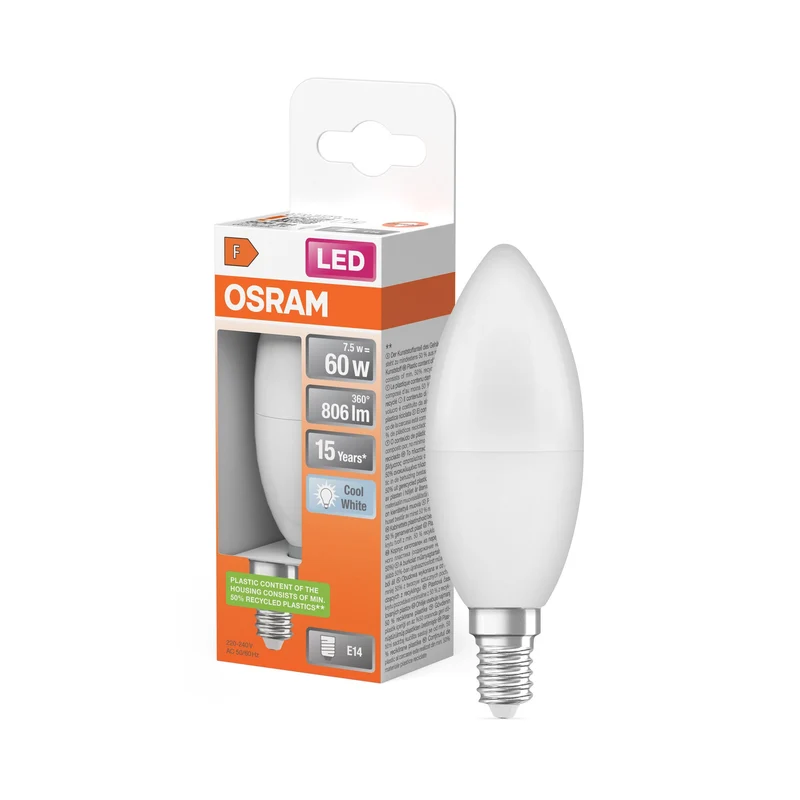 OSRAM lampadine LED, forma classica a mini candela, sostituzione 60 watt, E14, forma B, 4000 kelvin, bianco freddo, opaco