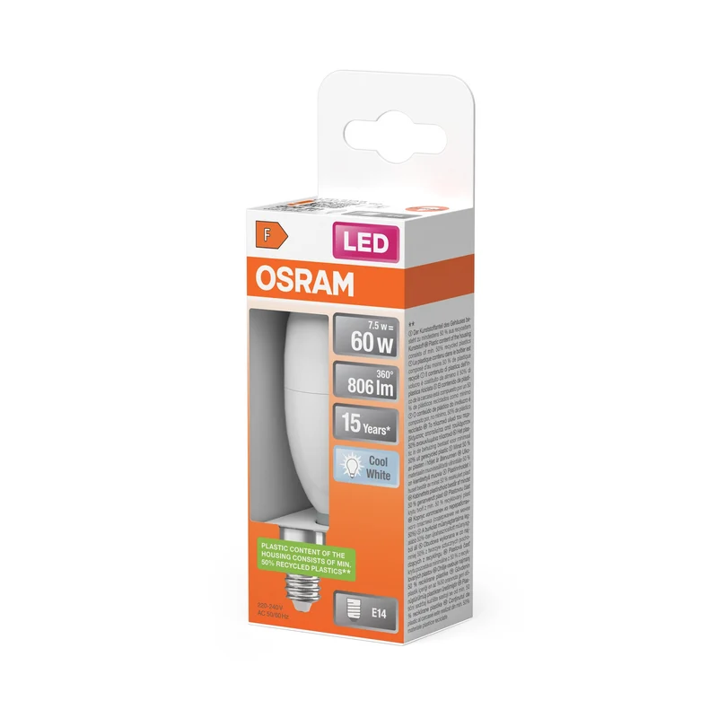 OSRAM lampadine LED, forma classica a mini candela, sostituzione 60 watt, E14, forma B, 4000 kelvin, bianco freddo, opaco