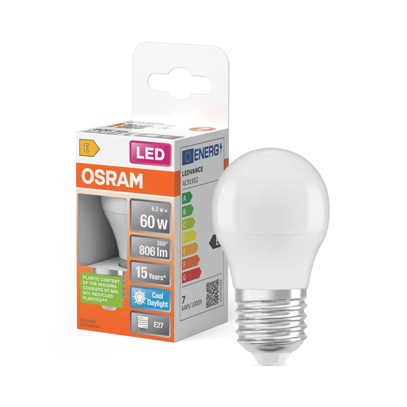 Lampade LED OSRAM, classica forma mini sferica, ricambio da 60 watt, E27, forma P, 6500 Kelvin, luce diurna fredda, opaca, confezione singola
