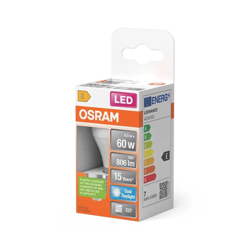 Lampade LED OSRAM, classica forma mini sferica, ricambio da 60 watt, E27, forma P, 6500 Kelvin, luce diurna fredda, opaca, confezione singola