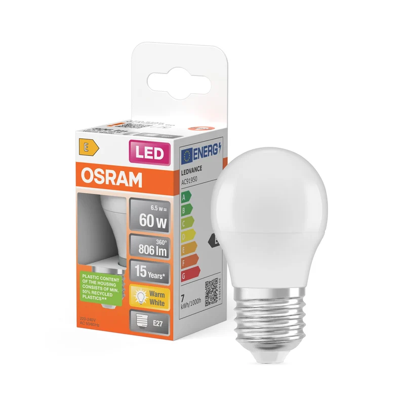 Lampade LED OSRAM, classica forma mini sferica, ricambio da 60 watt, E27, forma P, 2700 Kelvin, bianco caldo, opaco, confezione singola