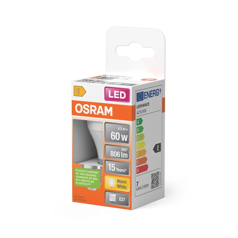 Lampade LED OSRAM, classica forma mini sferica, ricambio da 60 watt, E27, forma P, 2700 Kelvin, bianco caldo, opaco, confezione singola