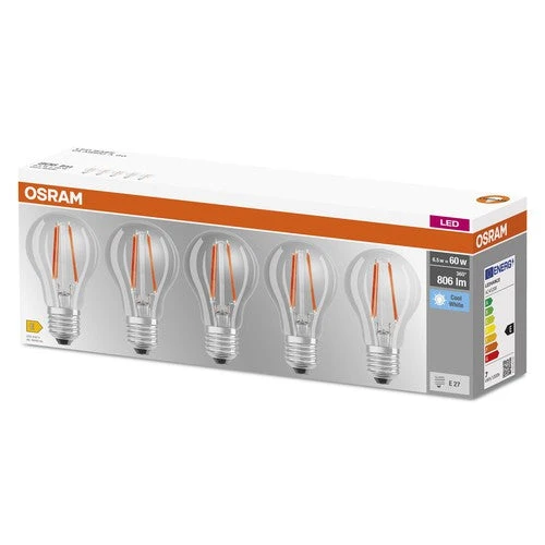 OSRAM LED BASE CLASSIC A Lampada chiara (ex 60W) 6,5W / 4000K Bianco freddo E27 confezione da 5