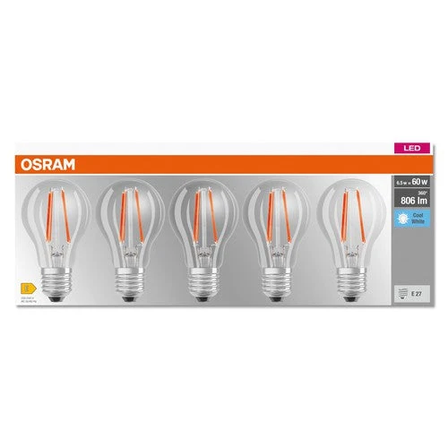 OSRAM LED BASE CLASSIC A Lampada chiara (ex 60W) 6,5W / 4000K Bianco freddo E27 confezione da 5