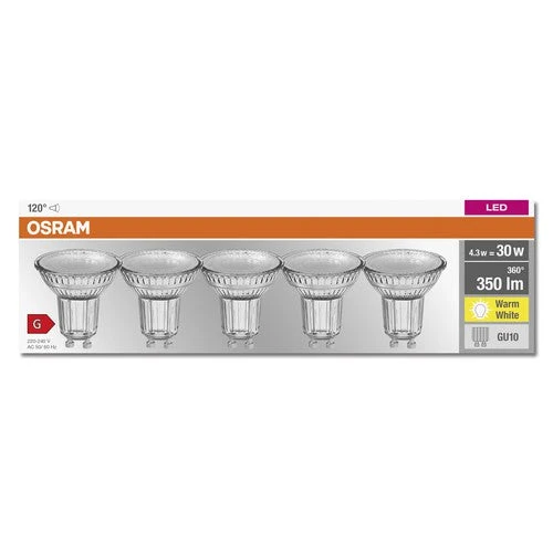 OSRAM LED BASE PAR16 Spot (ex 50W) 4,3W / 2700K Bianco caldo GU10 5 pezzi