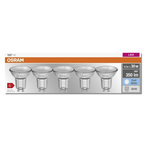 OSRAM LED BASE PAR16 Faretto (ex 50W) 4,3W / 4000K Bianco freddo GU10 confezione da 5