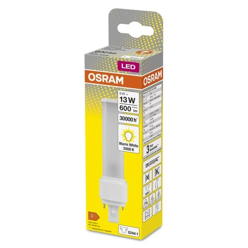 OSRAM DULUX D LED EM & ALIMENTAZIONE A CORRENTE ALTERNATA LED-Tubo 14,8cm (ex 13W) 6W / 3000K Bianco caldo G24d-1