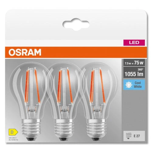 OSRAM LED BASE CLASSIC A Lampada chiara (ex 75W) 7,5W / 4000K Bianco freddo E27, confezione da 3