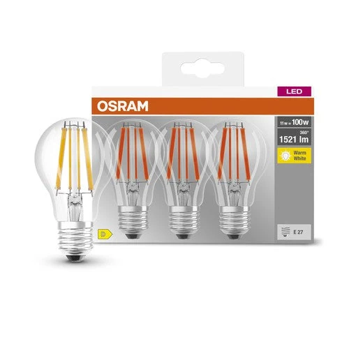 OSRAM LED BASE CLASSIC A Lampada chiara (ex 100W) 11W / 2700K Bianco caldo E27, confezione da 3