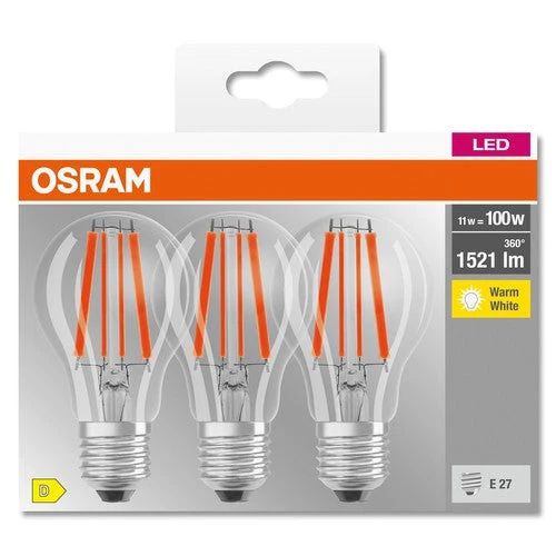 OSRAM LED BASE CLASSIC A Lampada chiara (ex 100W) 11W / 2700K Bianco caldo E27, confezione da 3