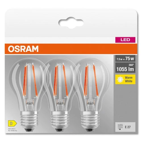 OSRAM LED BASE CLASSIC A Lampada chiara (ex 75W) 7,5W / 2700K Bianco caldo E27, confezione da 3