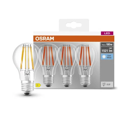 OSRAM LED BASE CLASSIC A Lampada chiara (ex 100W) 11W / 4000K Bianco freddo E27 Confezione da 3