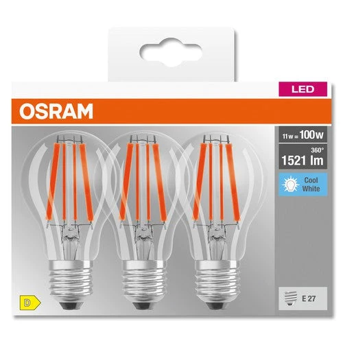 OSRAM LED BASE CLASSIC A Lampada chiara (ex 100W) 11W / 4000K Bianco freddo E27 Confezione da 3