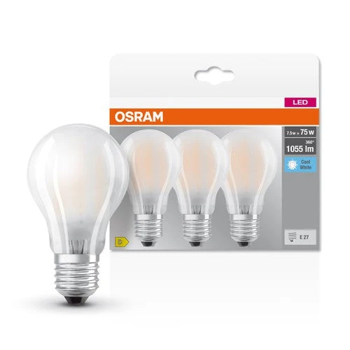 OSRAM LED BASE CLASSIC A Lampada opaca (ex 75W) 7,5W / 4000K Bianco freddo E27, confezione da 3