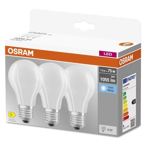 OSRAM LED BASE CLASSIC A Lampada opaca (ex 75W) 7,5W / 4000K Bianco freddo E27, confezione da 3