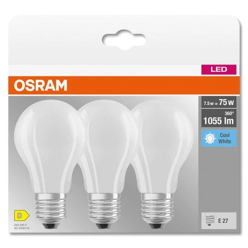 OSRAM LED BASE CLASSIC A Lampada opaca (ex 75W) 7,5W / 4000K Bianco freddo E27, confezione da 3