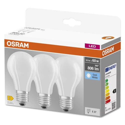 OSRAM LED Base Classic A lampada opaca (ex 60W) 6,5W / 4000K bianco freddo E27, confezione da 3