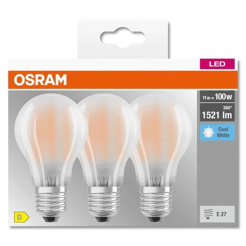 OSRAM LED BASE CLASSIC A Lampada opaca (ex 100W) 11W / 4000K Bianco freddo E27, confezione da 3