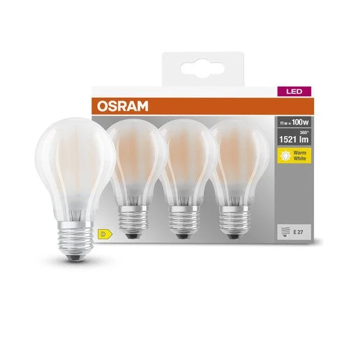 OSRAM LED BASE CLASSIC A Lampada opaca (ex 100W) 11W / 2700K Bianco caldo E27, confezione da 3