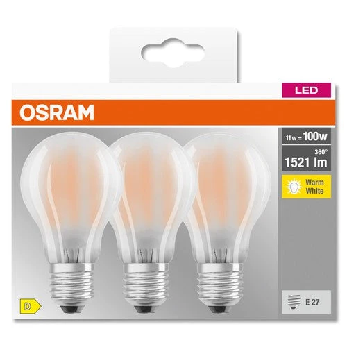 OSRAM LED BASE CLASSIC A Lampada opaca (ex 100W) 11W / 2700K Bianco caldo E27, confezione da 3