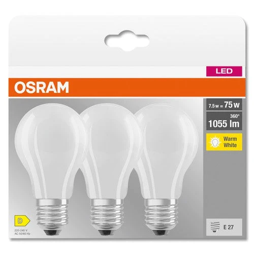 OSRAM LED BASE CLASSIC A Lampada opaca (ex 75W) 7,5W / 2700K Bianco caldo E27, confezione da 3