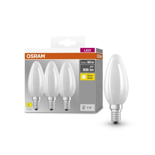 OSRAM LED BASE RETRO Matt CLASSIC B Lampadine LED, forma classica a mini candela 6W E14, confezione da 3, bianco caldo