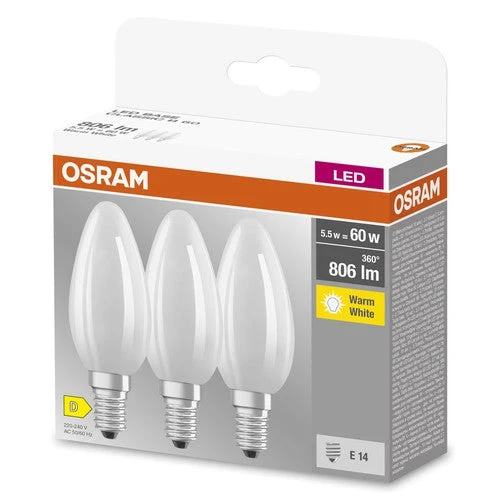OSRAM LED BASE RETRO Matt CLASSIC B Lampadine LED, forma classica a mini candela 6W E14, confezione da 3, bianco caldo