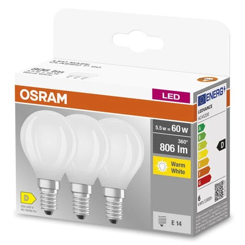 OSRAM LED BASE RETRO MATT CLP Lampade LED, classica forma miniball 6W E14 827, confezione da 3, bianco caldo