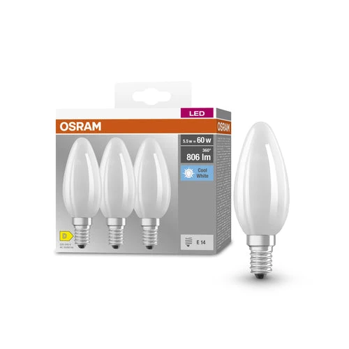 OSRAM LED BASE RETRO Matt CLASSIC B Lampadine LED, forma classica a mini candela 6W E14 840, confezione da 3, bianco freddo