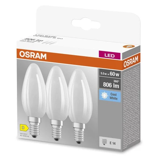 OSRAM LED BASE RETRO Matt CLASSIC B Lampadine LED, forma classica a mini candela 6W E14 840, confezione da 3, bianco freddo