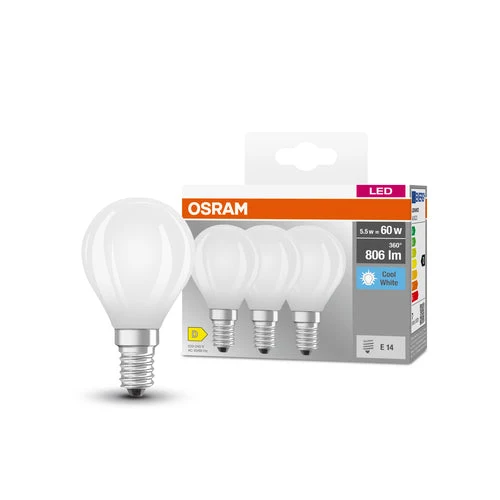 OSRAM LED BASE RETRO MATT CLP Lampadine LED, classica forma miniball 5,5W E14 840, confezione da 3, bianco freddo