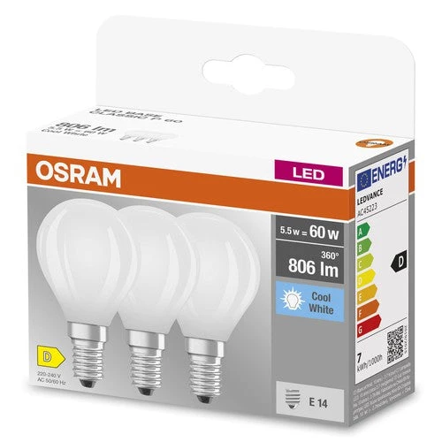 OSRAM LED BASE RETRO MATT CLP Lampadine LED, classica forma miniball 5,5W E14 840, confezione da 3, bianco freddo