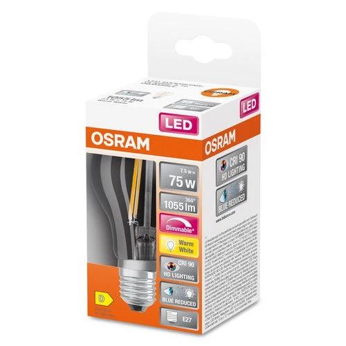 OSRAM Lampada LED Dimmerabile LED SUPERSTAR+ CL A FIL 75 dim 7,5W/927 E27 CRI90 BOX, E27, Bianco Caldo