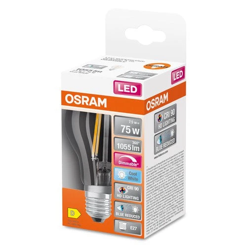 OSRAM Lampada LED Dimmerabile LED SUPERSTAR+ CL A FIL 75 dim 7,5W/940 E27 CRI90 BOX, E27, Bianco freddo