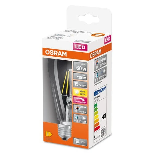 OSRAM Lampadina LED a filamento dimmerabile LED SUPERSTAR+ CL Edison FIL 60 dim 5,8W/927, CRI90 E27
