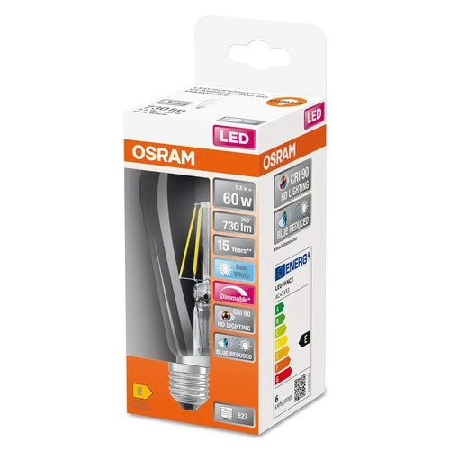 OSRAM Lampadina LED a filamento dimmerabile LED SUPERSTAR+ CL Edison FIL 60 dim 5,8W/940 E27 CRI90 BOX, E27