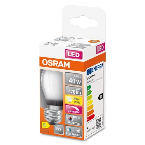 OSRAM LAMPADA A FILAMENTO LED LED SUPERSTAR+ CL P GL FR 40 dim 3,4W/940 E27 CRI90 BOX, E27, Bianco caldo