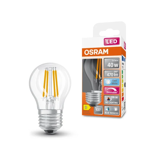 OSRAM FILAMENTO LAMPADA LED LED SUPERSTAR+ CL P GL FR 40 dim 3,4W/927 E27 CRI90 BOX, E27, Bianco freddo