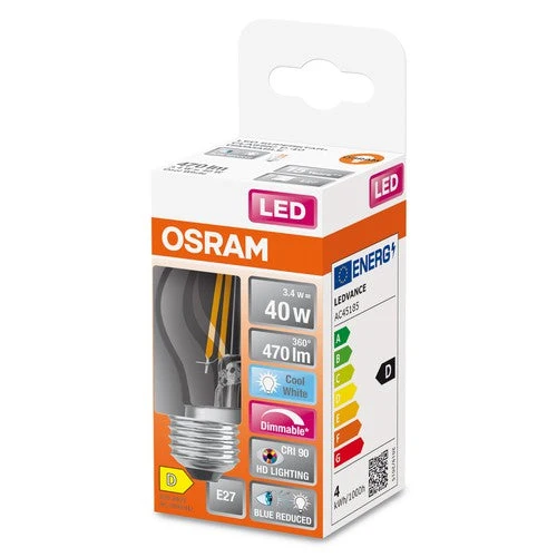 OSRAM FILAMENTO LAMPADA LED LED SUPERSTAR+ CL P GL FR 40 dim 3,4W/927 E27 CRI90 BOX, E27, Bianco freddo
