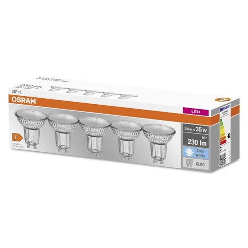 OSRAM LED Base PAR16 LED Spot (ex 35W) 2,6W / 4000K Bianco freddo GU10 Confezione da 5 pezzi