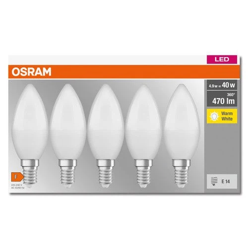 OSRAM LED BASE CLASSIC B Lampada opaca (ex 40W) 5,5W / 2700K Bianco caldo E14, confezione da 5