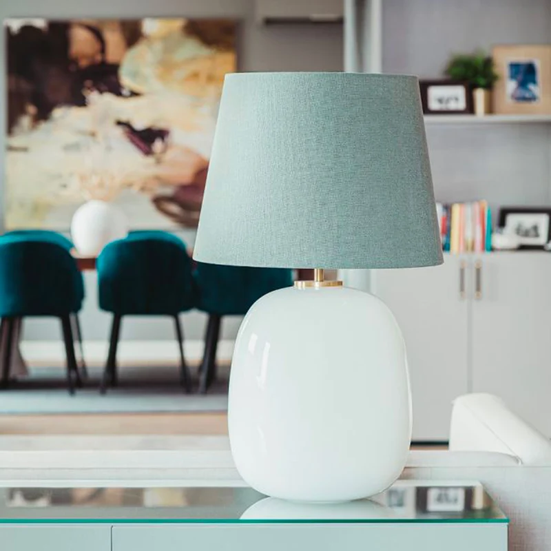 AUSTRA - Lampe à poser en verre soufflé, textile et acier, style scandinave, H 76 cm