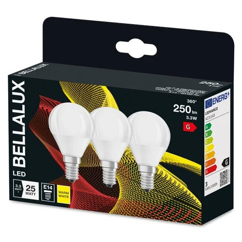 BELLALUX lampada LED, attacco E14, bianco caldo (2700K), opaca, forma a goccia, sostituto per lampadina tradizionale da 25W, confezione da 3 pezzi