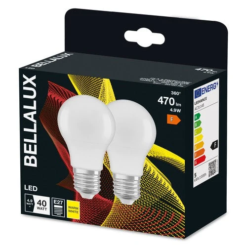 BELLALUX lampada LED, attacco E27, bianco caldo (2700K), opaca, forma a bulbo, sostituto per lampadina tradizionale da 40W, confezione doppia