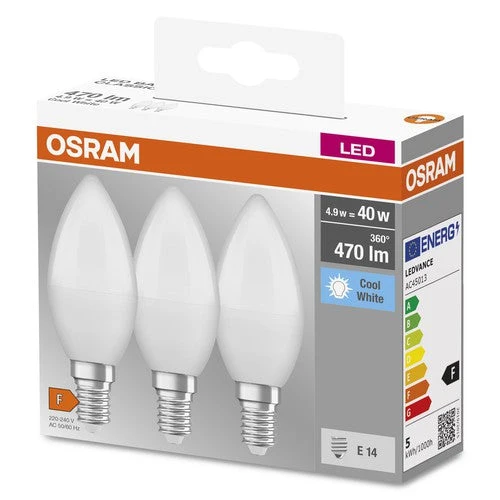 OSRAM LED BASE CLASSIC B Lampada opaca (ex 40W) 5,5W / 4000K Bianco freddo E14, confezione da 3 pezzi
