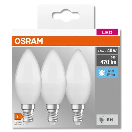 OSRAM LED BASE CLASSIC B Lampada opaca (ex 40W) 5,5W / 4000K Bianco freddo E14, confezione da 3 pezzi