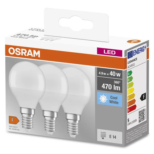 OSRAM LED BASE CLASSIC P Lampada opaca (ex 40W) 5,5W / 4000K Bianco freddo E14, confezione da 3, E14