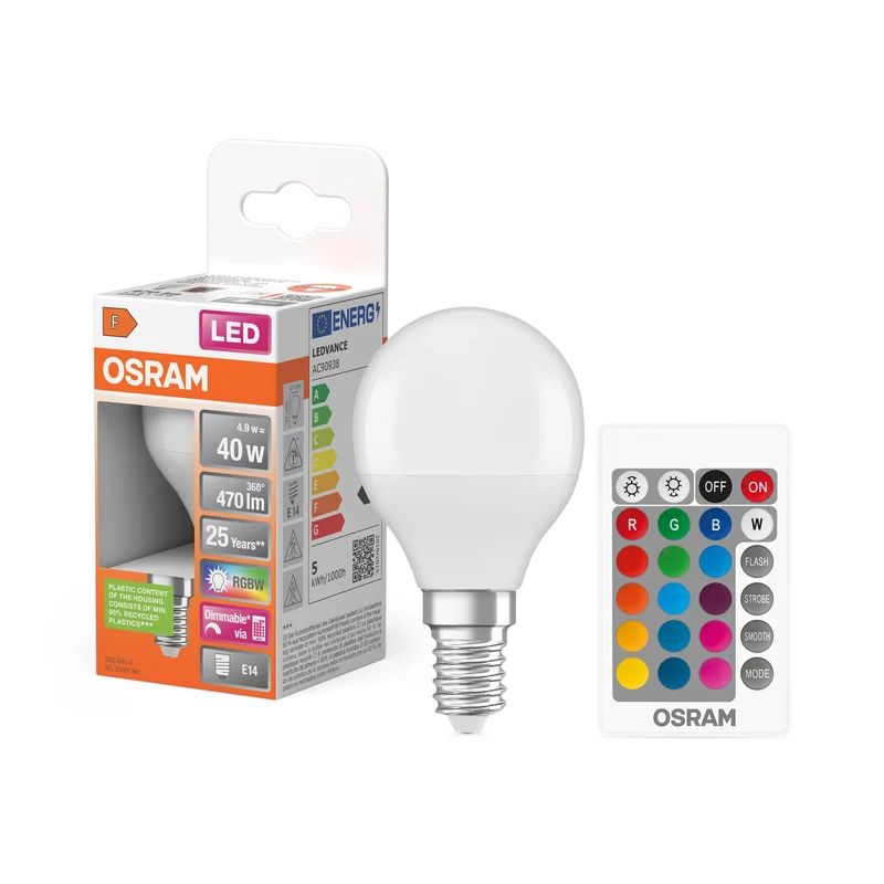 OSRAM LED Retrofit RGBW multicolore lampada LED con telecomando (ex 40W) 5,5W / 2700K bianco caldo, E14