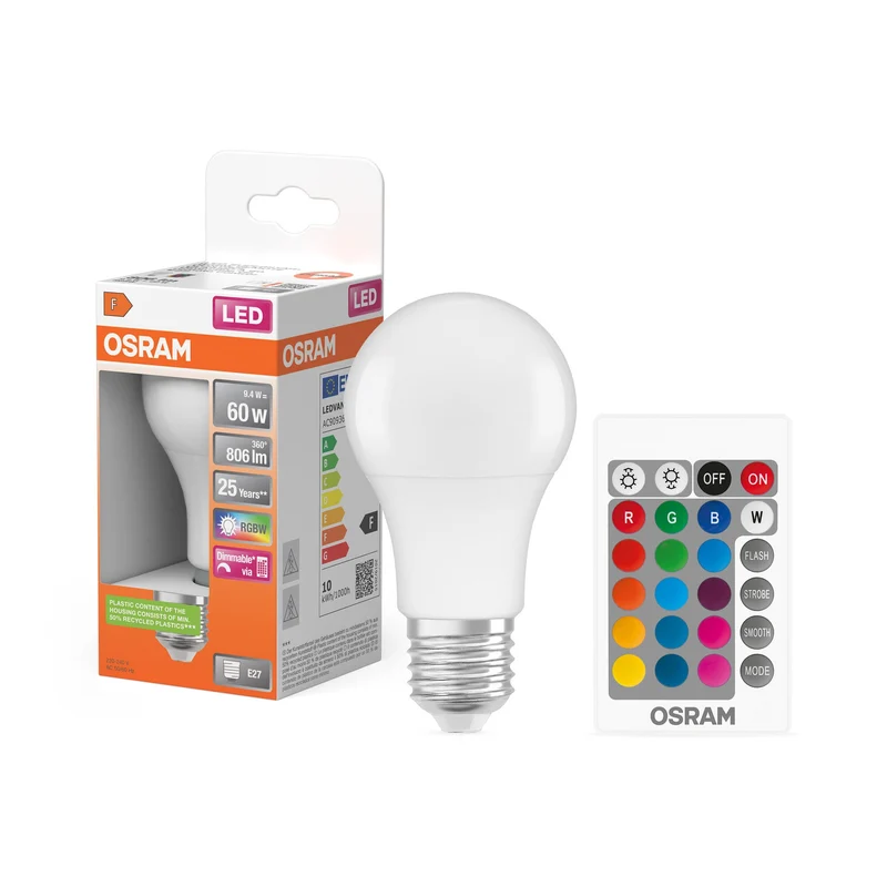 OSRAM LED Retrofit RGBW LED Lampada opaca multicolore con telecomando (ex 60W) 9W / 2700K Bianco caldo E27
