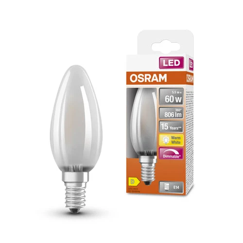 OSRAM Retrofit Classic B LED Lampada forma candela dimmerabile opaca (ex 60W) 6,5W / 2700K Bianco caldo E14